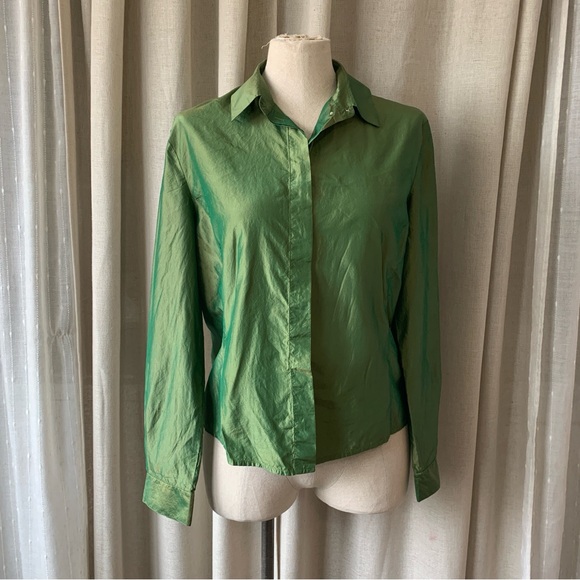 OLSEN SILK GREEN GOLD BUTTON DOWN BLOUSE S10 - Picture 1 of 8